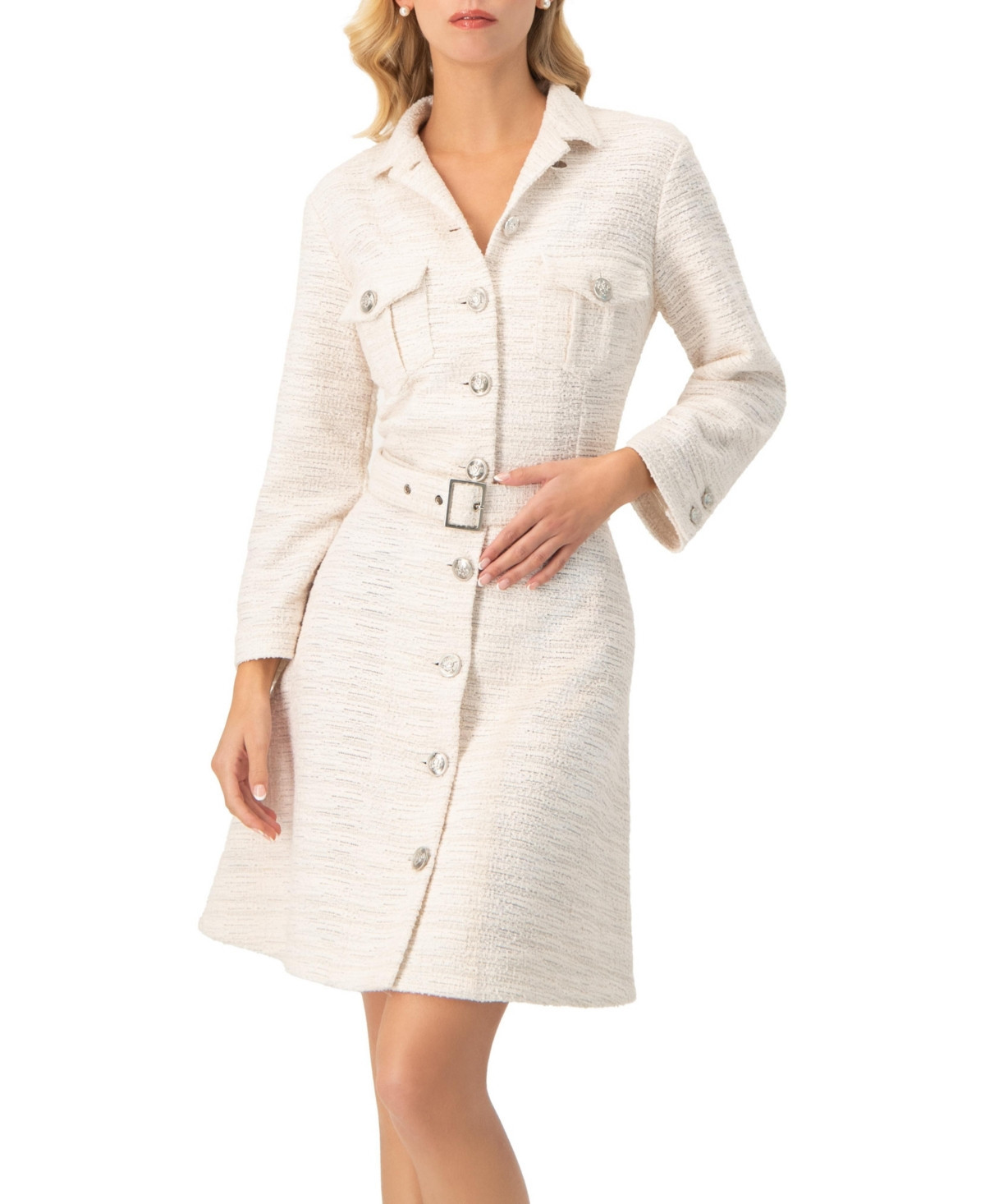 Ivonne Women's Tweed Belted Button Down Dress - Natural | Macy's