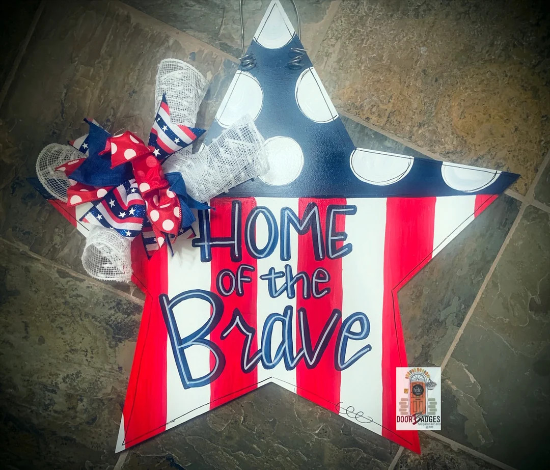 Home of the Brave Star Wood Cut Out Hand Painted Door Hanger - Etsy | Etsy (US)