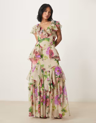 ASOS DESIGN Petite scoop neck flutter sleeve ruffle tiered midaxi dress in lilac floral print | ASOS (Global)