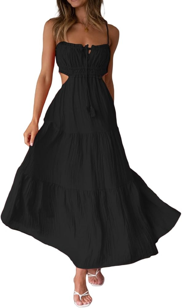 Women Summer Casual Maxi Dress Boho Dress Sleevelss Tie up Flowy Dress Cutout Long Dress Vacation... | Amazon (US)
