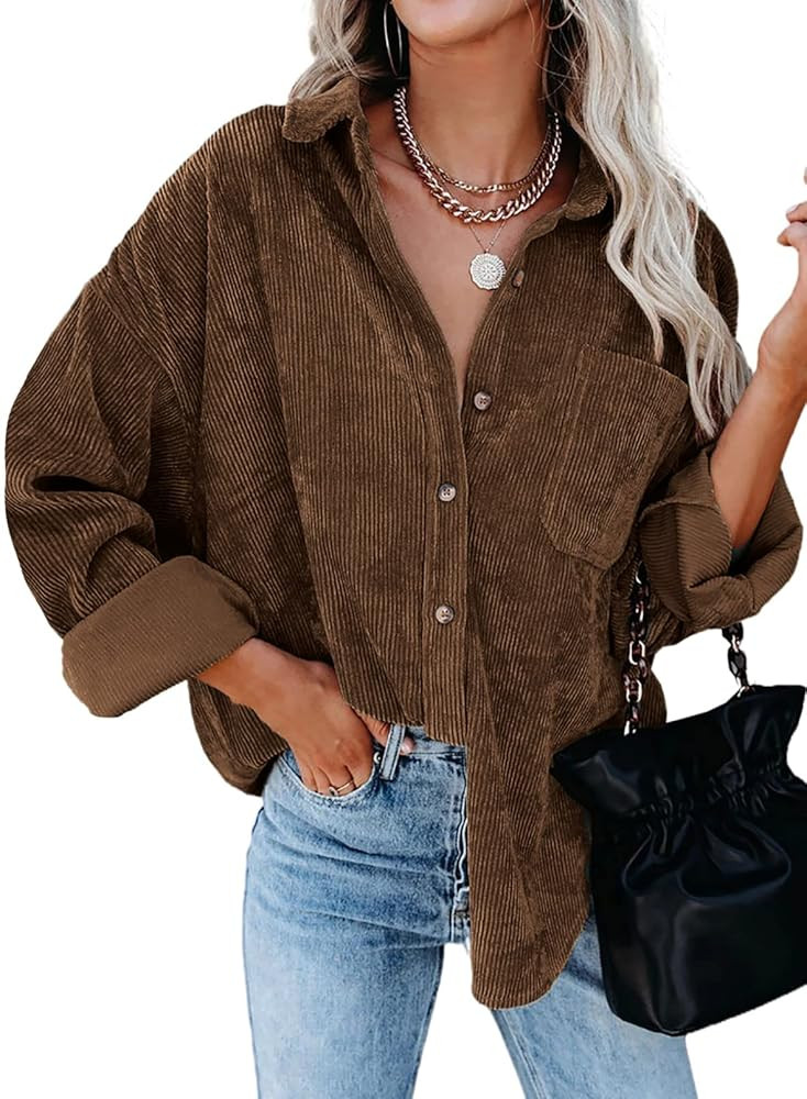 Dokotoo Womens Corduroy Button Down Shirts Boyfriend Long Sleeve Oversized Blouses Tops | Amazon (US)