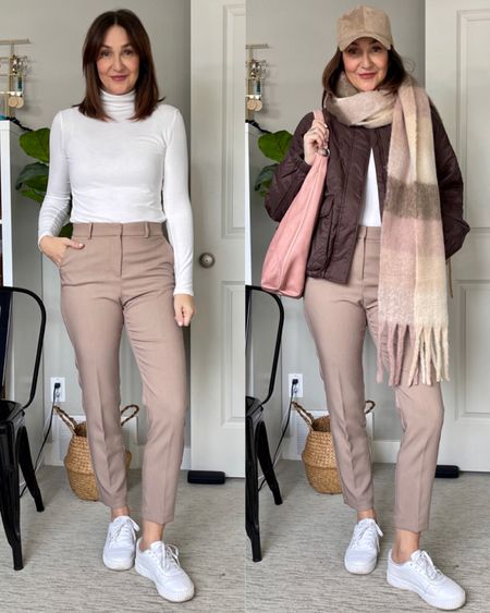 Neutrals with a pop of pink!
My bag is old but I linked similar
My tapered trousers are available in other colors, they fit small though, I had to go up one size.
Quilted jacket fits tts (I sized up to M for more sleeve length) and is packable and on sale!
Again sized up to M in the turtleneck, they come in a two pack with black and is perfect for winter layering. 
Faux suede cap is from Amazon .
White sneakers fit tts and are so comfy


#LTKstyletip #LTKunder50 #LTKshoecrush