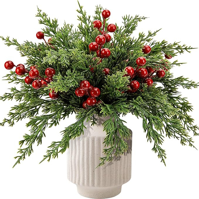 Watayo 60 Pcs Christmas Artificial Pine Branches with Red Berry Stems, 10.5" Faux Evergreen Norfo... | Amazon (US)