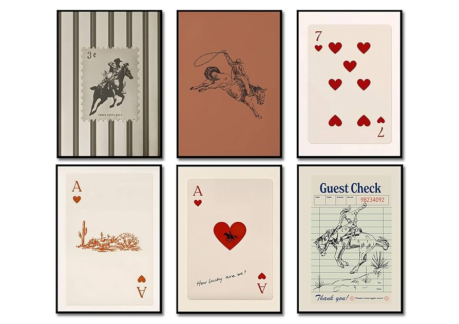 Vintage Western Cowboy Poster Set of 6, Southwestern Wall Art Playing Card Canvas Prints Mid Cent... | Amazon (US)