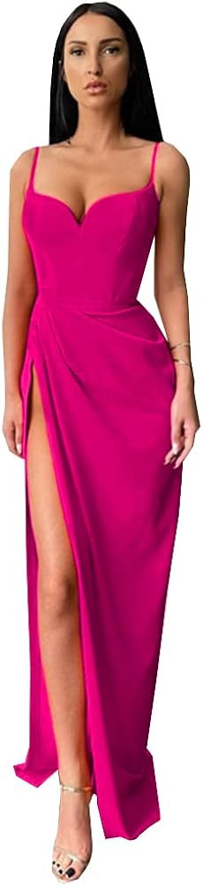 Women's Long High Slit Spaghetti Straps Prom Dresses Satin Sweetheart Party Gowns | Amazon (US)