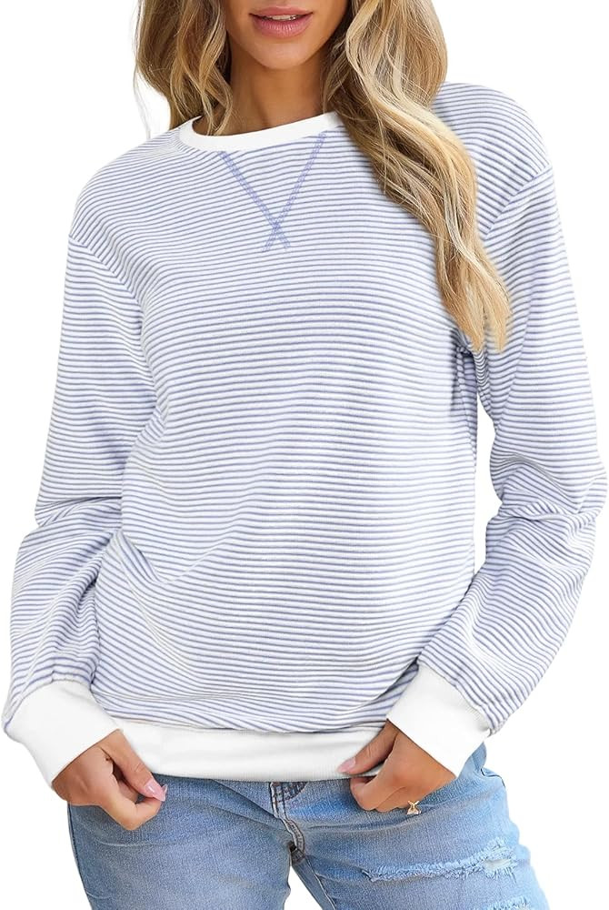 SHEWIN Womens Striped Sweatshirt Crewneck Casual Long Sleeve Pullover Tops Trendy 2025 | Amazon (US)