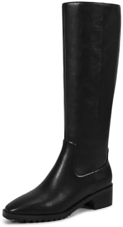 ISNOM Knee High Boots Women Chunky Low Heel Square Toe Elastic Boots Side Zipper Faux Leather Fal... | Amazon (US)