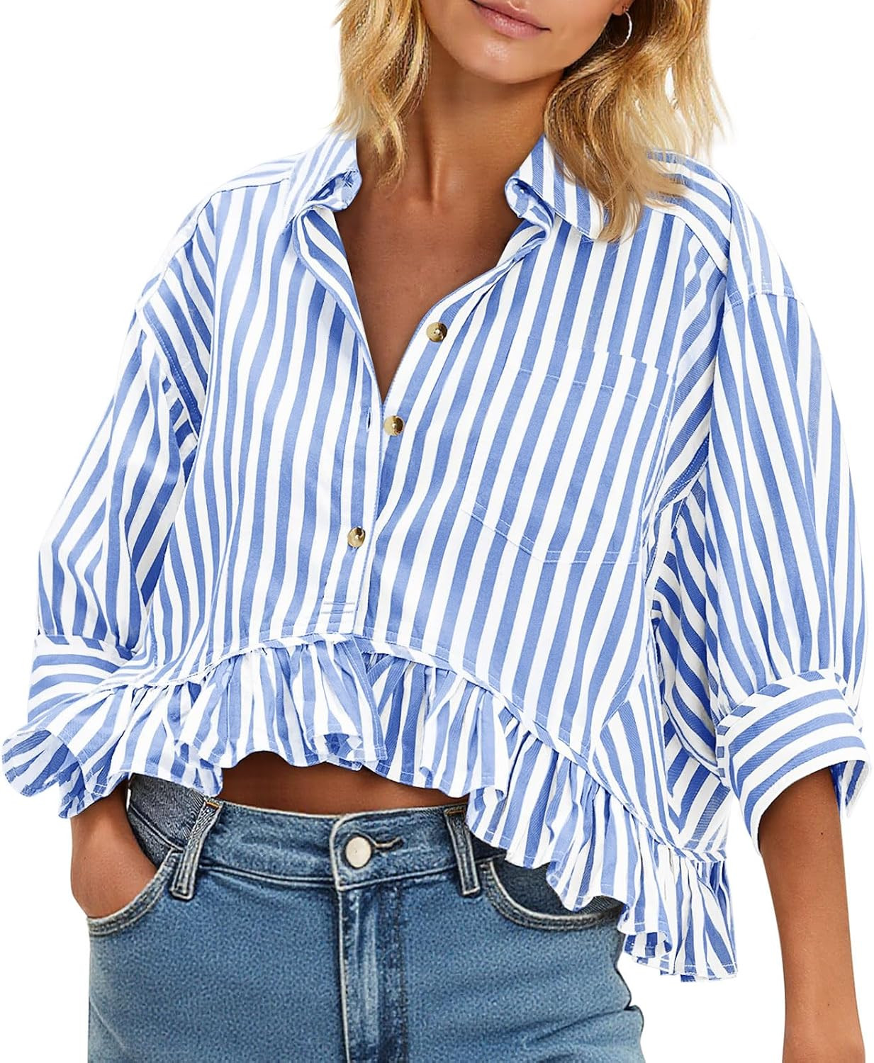 Cicy Bell Womens Cropped Striped Button Down Shirts Ruffle 3/4 Length Tops | Amazon (US)