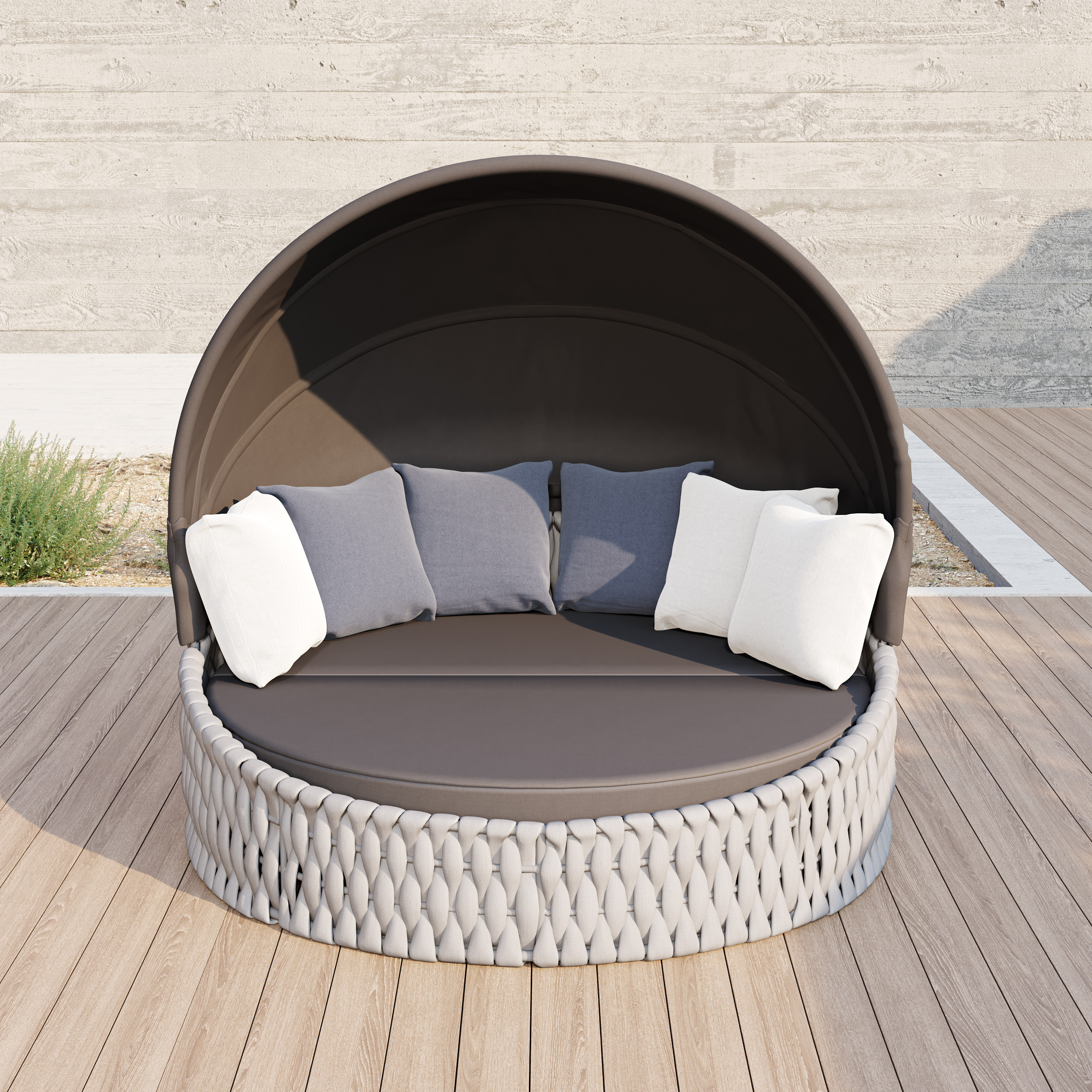 Tatta Round garden Polyrattan sun island with roof and weatherproof cover in gray | Homary