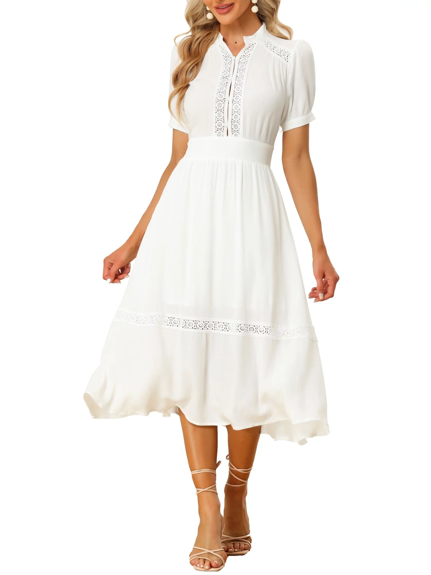 Allegra K Women's Lace Hollow Out V Neck Smocked High Waist Flowy a Line Midi Dress | Walmart (US)