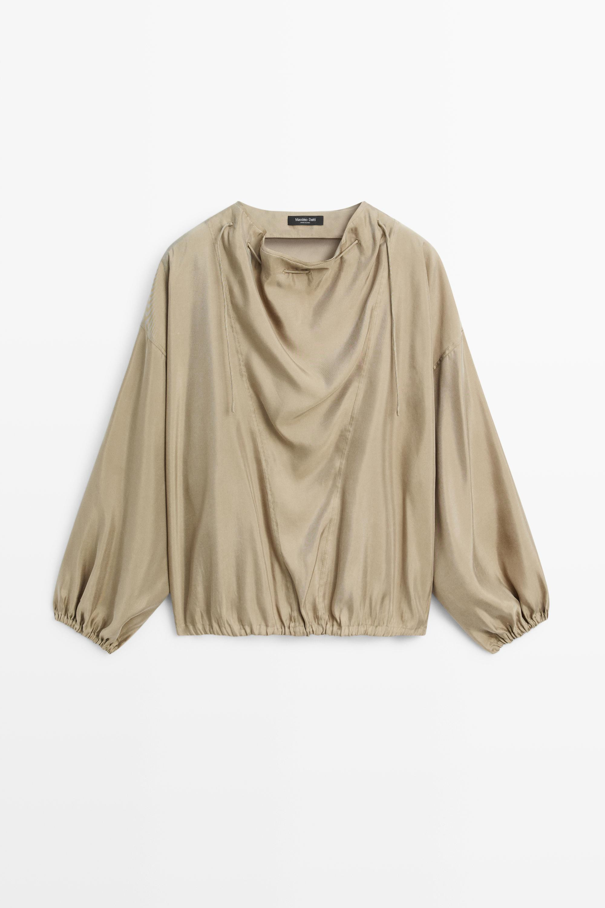 Fluid blouse with neck drawstring detail - STONE | Massimo Dutti UK