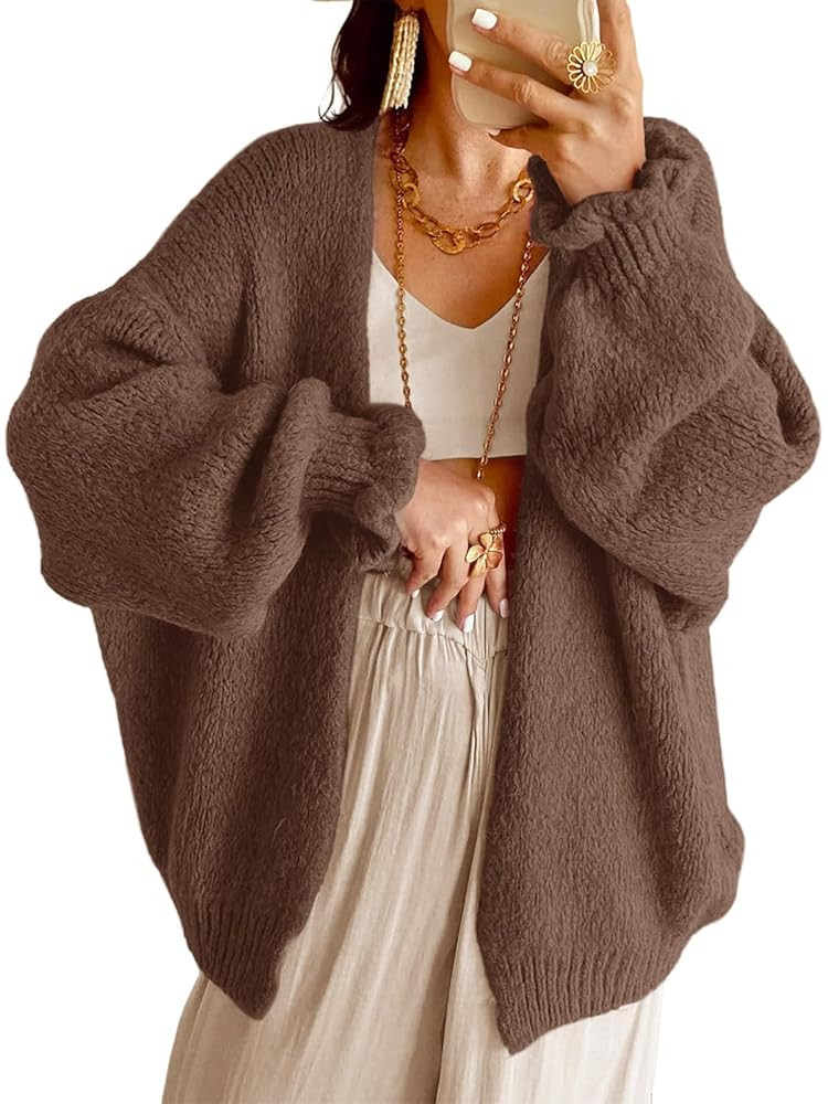 Saodimallsu Womens Oversized Open Front Cardigan Fall Ruffle Lantern Long Sleeve Chunky Knit Loos... | Amazon (US)