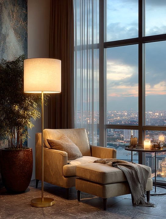 Have you ever noticed how beautiful city views disappear the moment you turn on harsh overhead lights?

The skyline is still there. The garden is still there. The sunset is still there.

But the atmosphere changes completely.

That's why layered lighting has become one of the most important design principles in modern homes.

Instead of relying on a single overhead fixture, create pools of warm light throughout the room. A floor lamp is one of the easiest ways to do it. During the day, it acts as a beautiful sculptural decor piece. In the evening, it creates warmth, softness, and a sense of calm that overhead lighting simply can't replicate.

The beauty of a floor lamp is flexibility. Move it beside a reading chair. Place it in a forgotten corner. Position it beside a sofa to create a cozy conversation area. One lamp can completely change how a room feels.

And when you choose a timeless combination like an ivory shade and gold base, it works beautifully with almost every decorating style—from modern and minimalist to classic and traditional.

Good lighting doesn't just illuminate a room.

It creates a mood.

And sometimes that's the difference between a room you use and a room you never want to leave.

#LayeredLighting #HomeDecor #InteriorDesign #ElegantAndDriven 

 #LTKHome