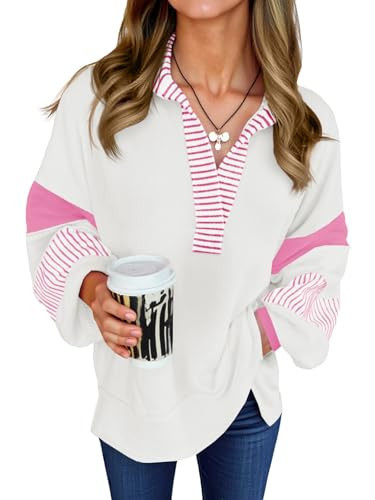 Fisoew Womens Color Block Oversized Sweatshirt Polo V Neck Long Sleeve Shirts Casual Loose Pullover Tops Pink | Amazon (US)