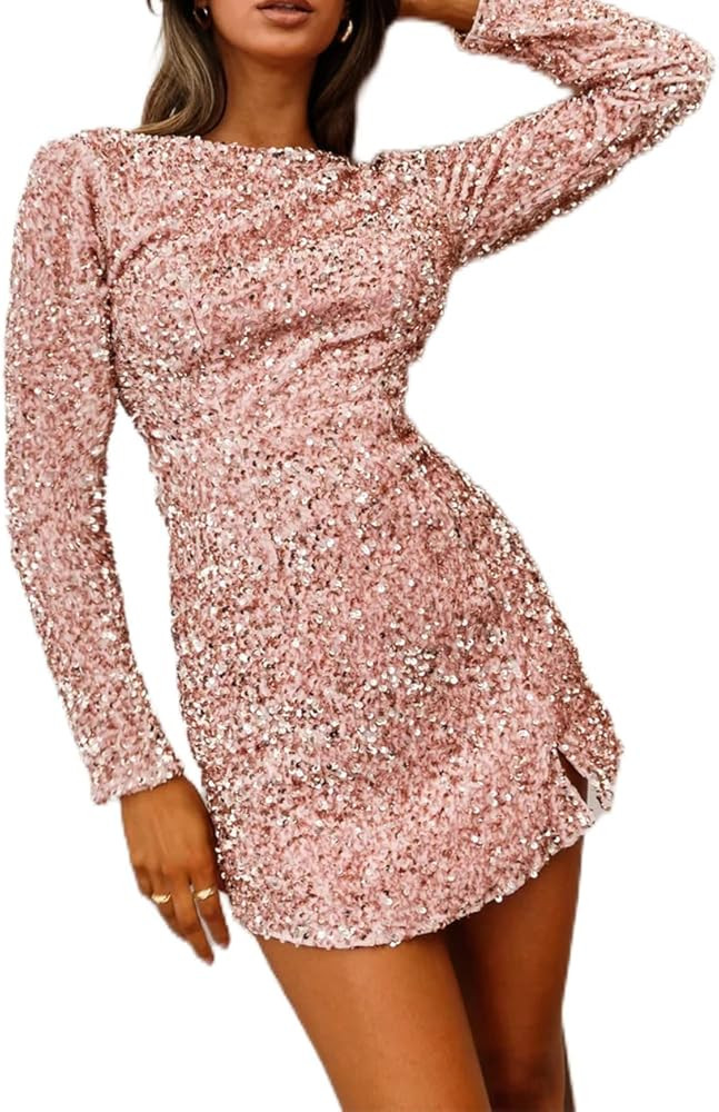 R.Vivimos Women's Sequin Bodycon Dress Fall Winter Long Sleeve Crew Neck Sexy Backless Glitter Sl... | Amazon (US)