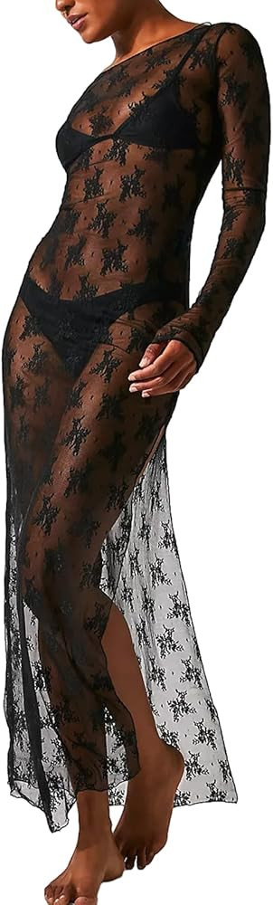 NUFIWI Women Vintage Y2k Lace Maxi Dress Long Sleeve See Through Mesh Bodycon Dress Floral Lace M... | Amazon (US)