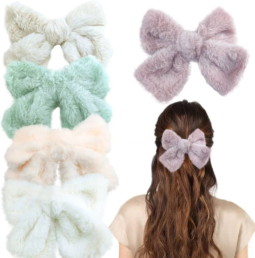 5 PCS Plush Big Bow Hairpins Cute Fur Hair Accessories Spring Clip for Women Girls | Amazon (US)