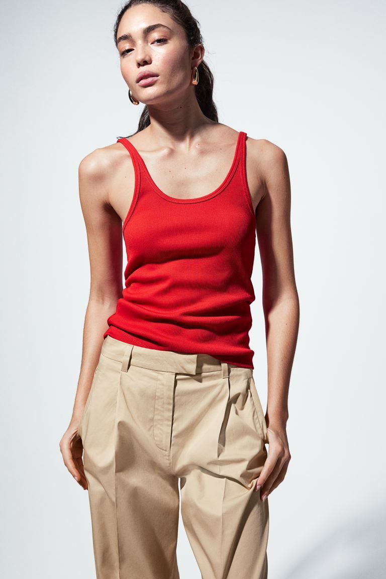 Ribbed Tank Top - Low-cut Neckline - Sleeveless - Red - Ladies | H&M US | H&M (US + CA)