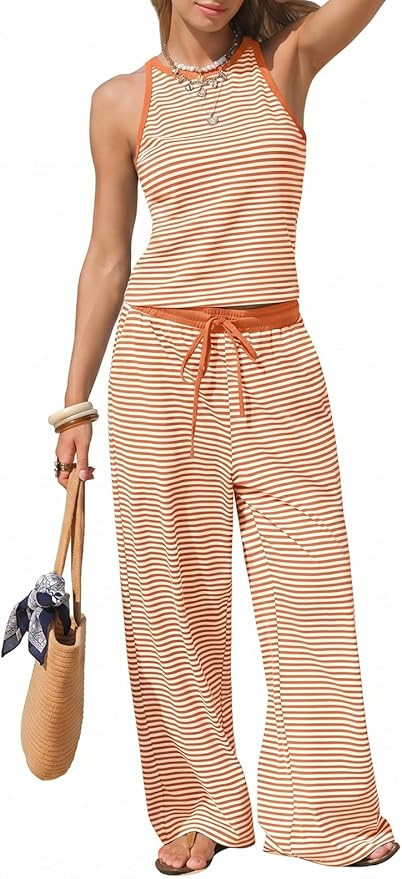 EXLURA Womens Cotton Summer 2 Piece Outfits Striped Halter Tops Matching Wide Leg Pant Sets Loung... | Amazon (US)