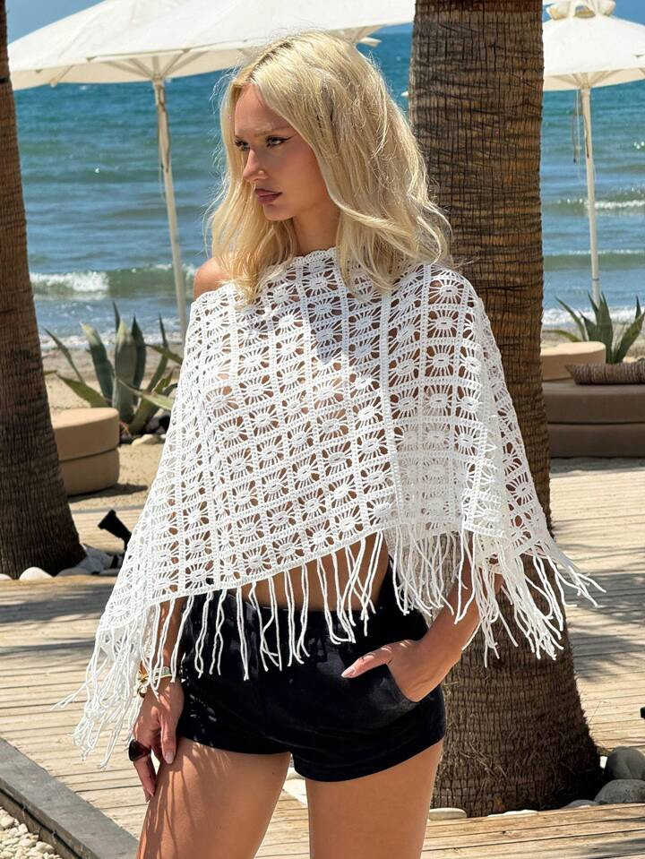 CovetEZ White Knitted Hollow Out Tassel Blouse For Women, Concert Outfits For Women, Western Wear... | SHEIN
