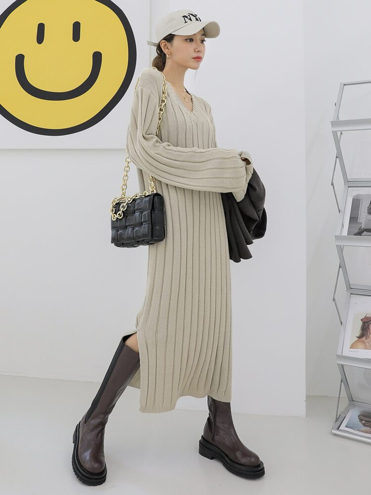 Drop Shoulder Slit Hem Ribbed Knit Sweater Dress | ROMWE