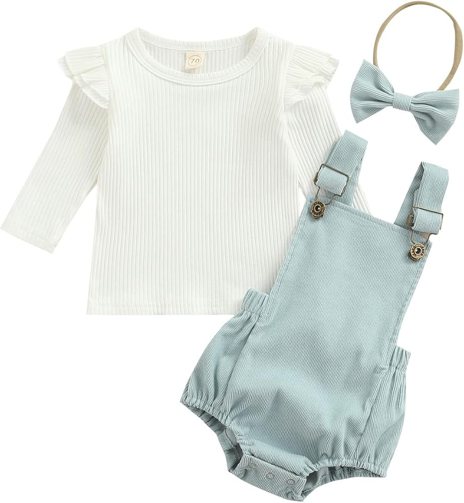 Kaipiclos Newborn Baby Girl Clothes Ribbed Ruffle Tops Corduroy Suspender Romper Shorts Headband ... | Amazon (US)