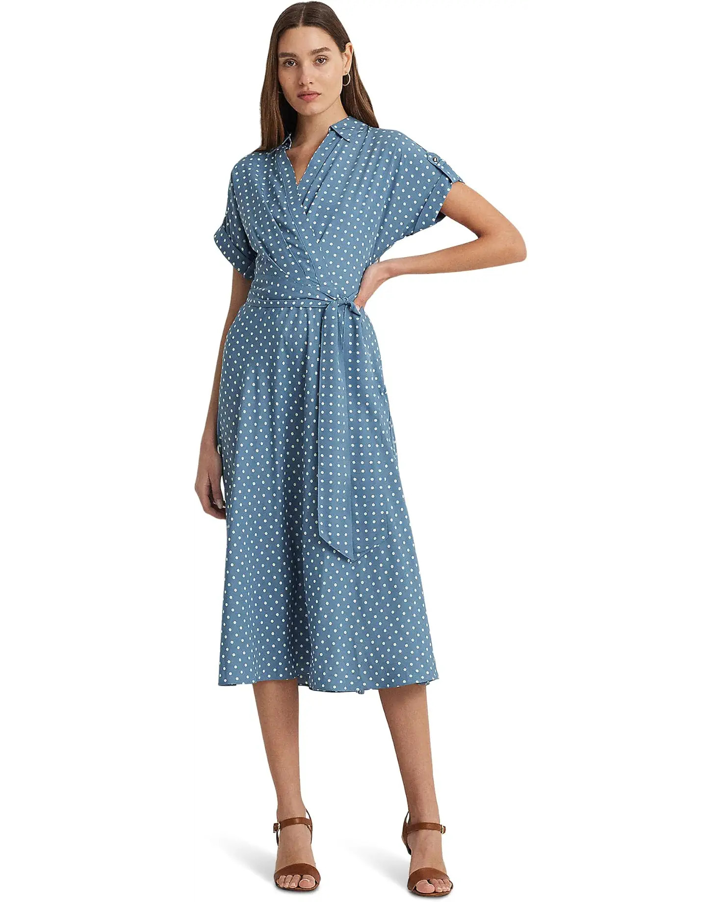 LAUREN Ralph Lauren Polka-Dot Belted Crepe Dress | Zappos