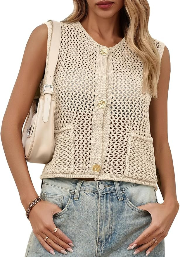 Saodimallsu Womens Crochet Sweater Vest Button Down Sleeveless Crew Neck Boho Knit Crop Tank Tops... | Amazon (US)
