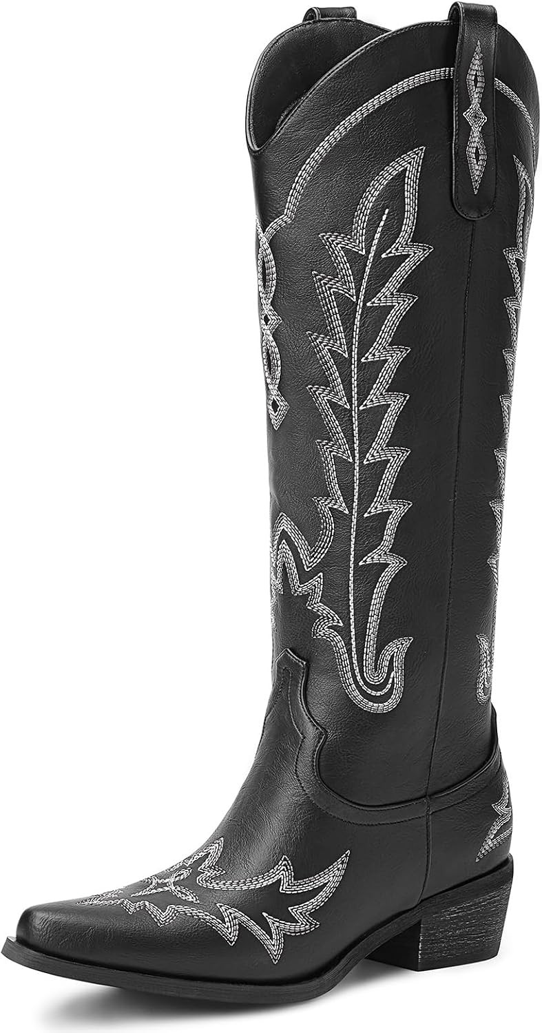 Cowboy Boots for Women - Knee High Pointed Toe Chunky Heel Pull On Zipper Western Cowgirl Boots, Retro Country Vintage Fashion Tall Boots | Amazon (US)