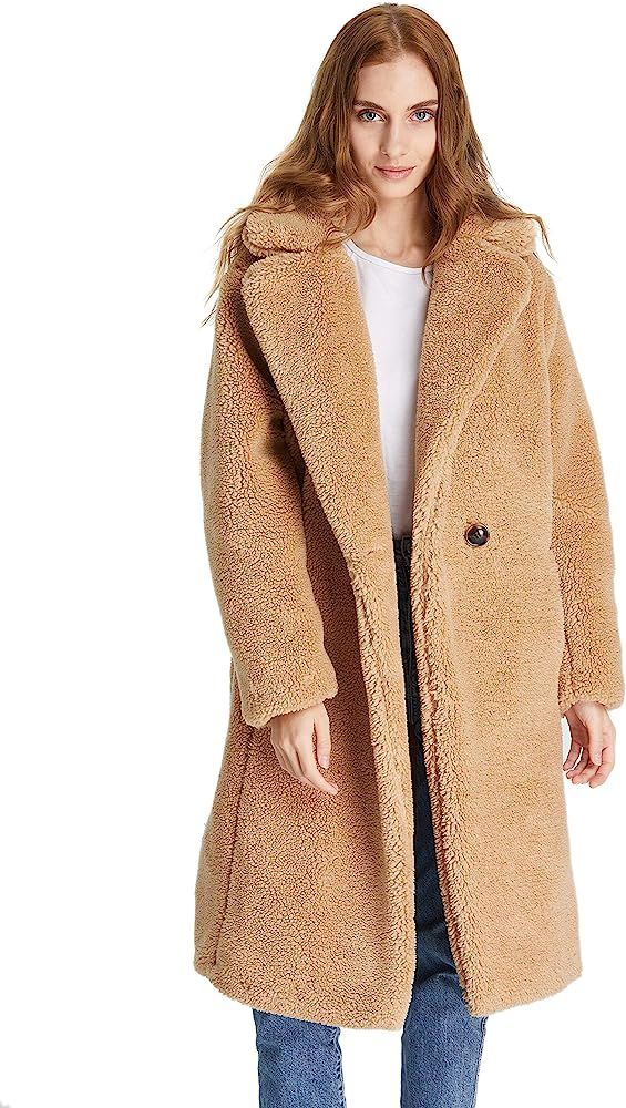 Classic Mid Long Women Faux Fur Coat Double Breasted Pea Coat | Amazon (US)