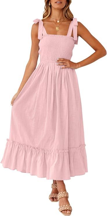 ZESICA Women's Summer Boho Spaghetti Strap Square Neck Solid Color Ruffle A Line Beach Long Maxi ... | Amazon (US)