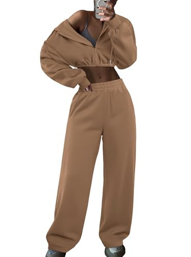 LovelyWholesale Sweatsuits Women 2 Piece Outfit Cropped Zip Up Hoodie and Sweatpants Sets Brown Small | Amazon (US)