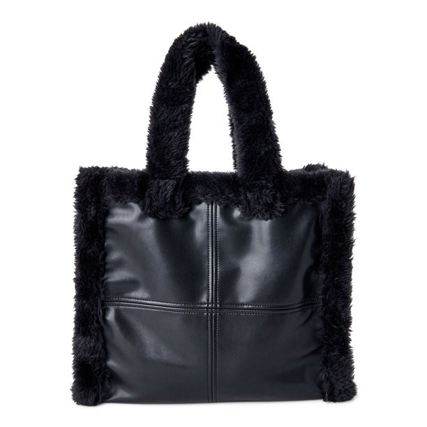 No Boundaries Women's Square Sherpa Tote Bag Black - Large - Walmart.com | Walmart (US)