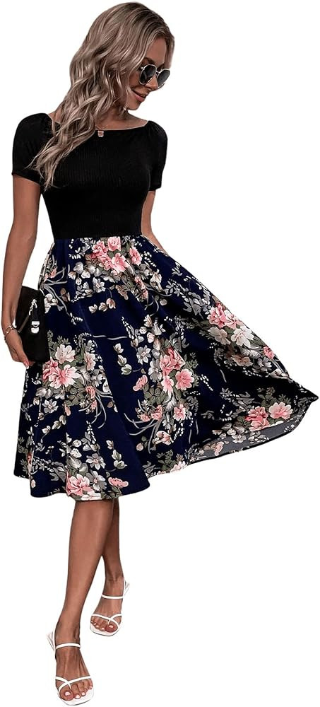 SweatyRocks Women's Graphic Short Sleeve Belted Mini Dress A Line Flared Skater Dresses | Amazon (US)