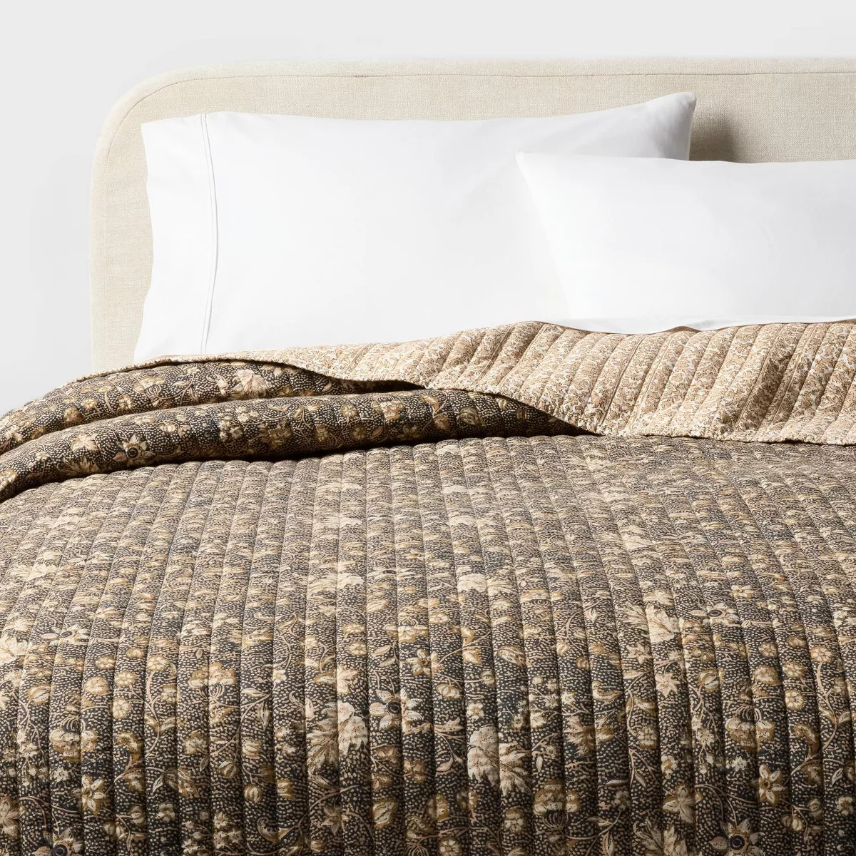 Full/Queen Floral Printed Cotton Gauze Reversible Quilt Brown - Threshold | Target