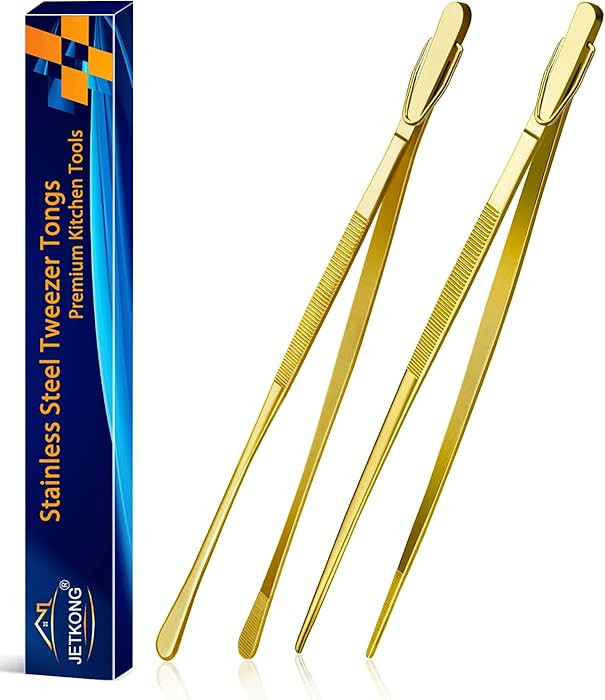 JETKONG 2 Pcs 12-Inch Cooking Tweezers Stainless Steel Food Tweezers Kitchen Tweezer Tongs (Gold) | Amazon (US)