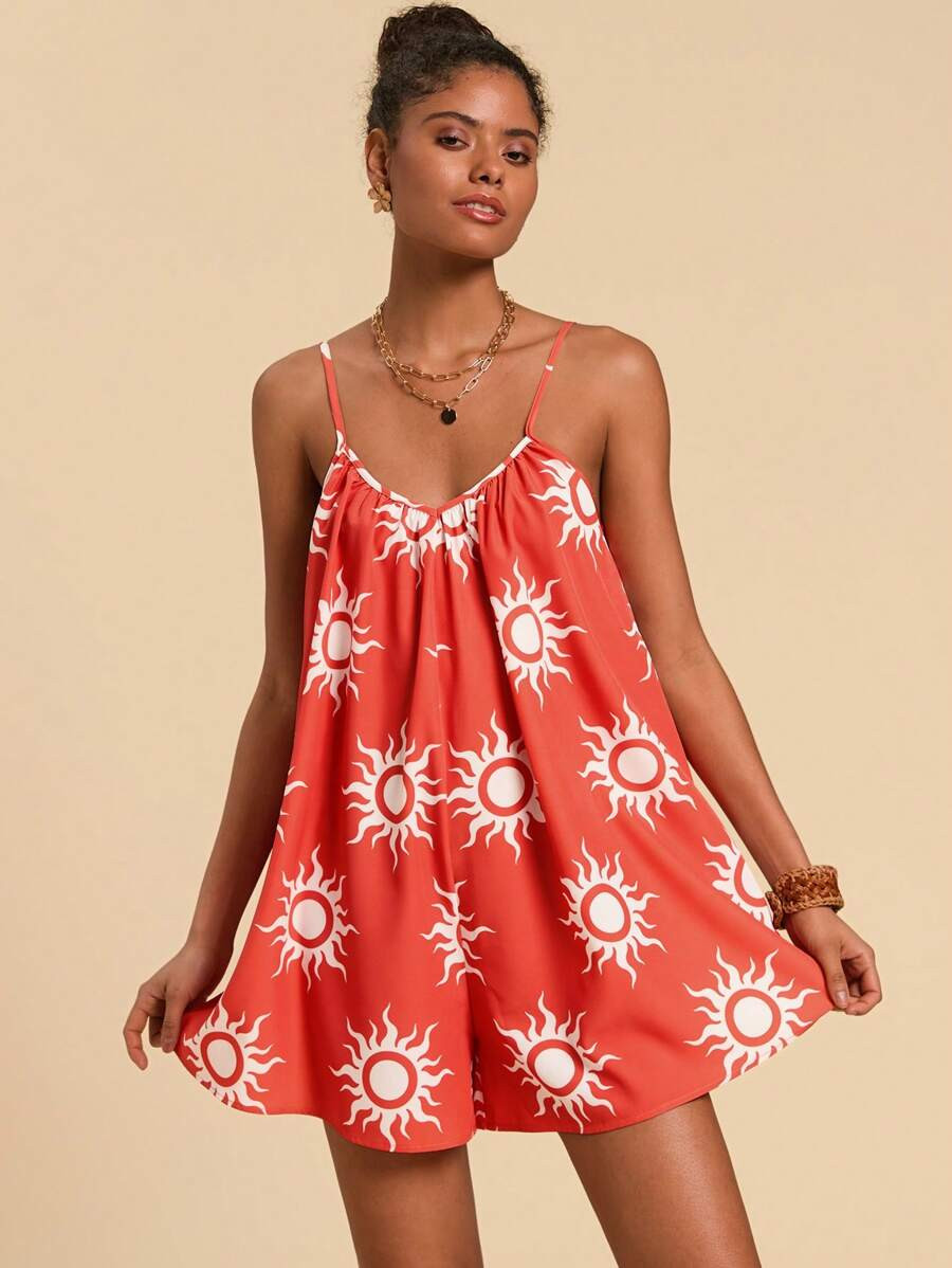 Travachic Women's Woven Loose Fit Jumpsuits With Fierce Sun Graphic Print | SHEIN
