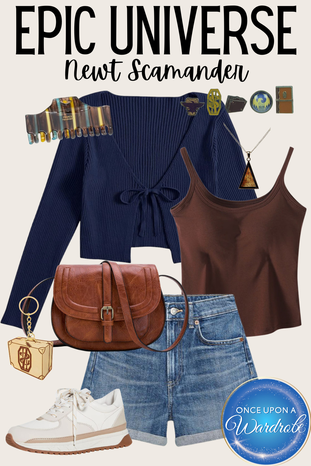This Newt Scamander inspired outfit is perfect for Epic Universe, especially if you’re planning to explore the Wizarding World areas 🧳✨ The layered look with a fitted tank and lightweight cardigan makes it easy to adjust throughout the day, while denim shorts and sneakers keep it comfortable for walking.

The warm brown tones and vintage-style accessories give it that subtle Fantastic Beasts vibe without feeling like a costume. Finished with a crossbody bag and small themed details, this is one of those outfits you can wear all day and still feel put together for photos. 

 #LTKgrwm #LTKootd #LTKTravel