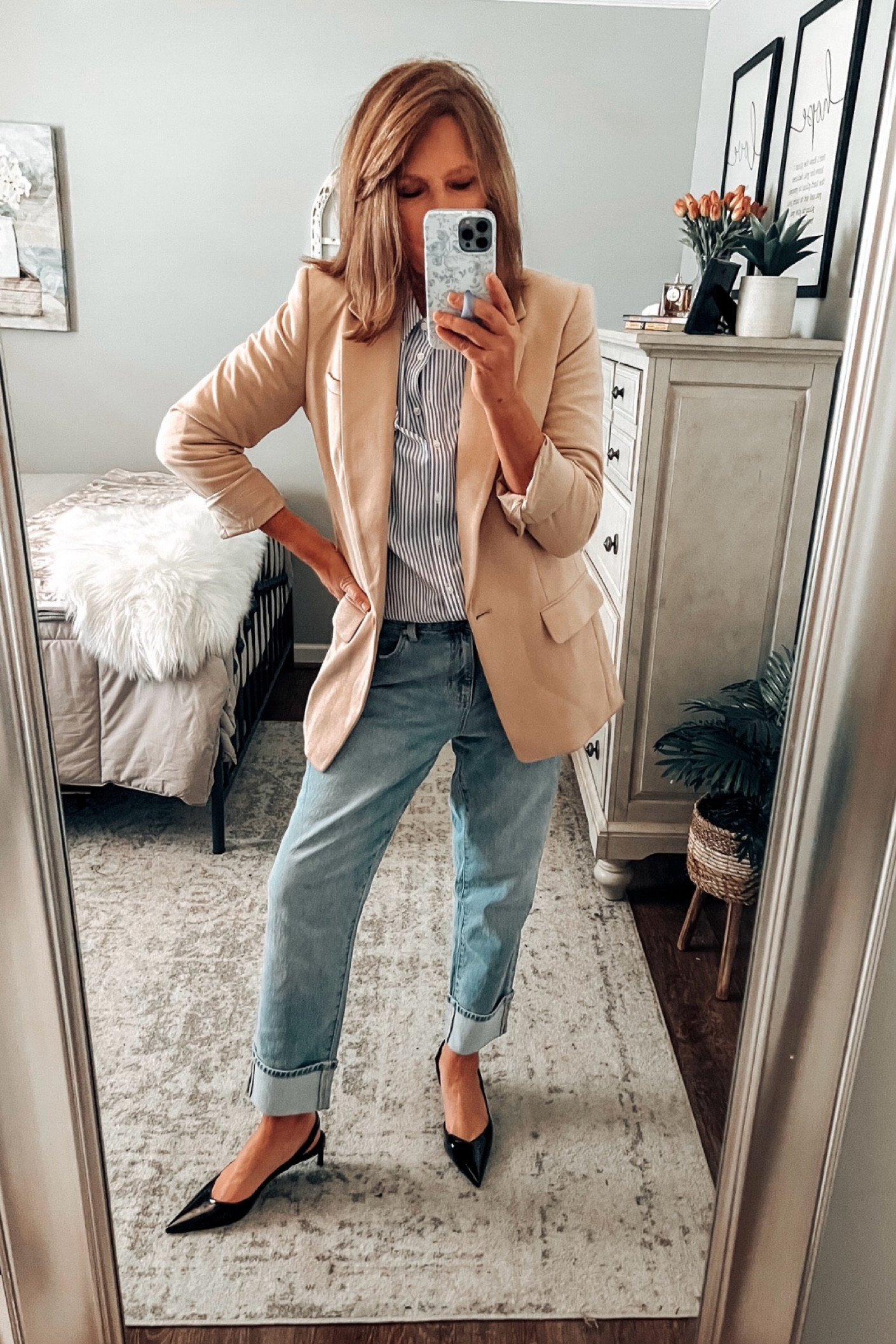 Pin striped no-iron button down shirt from Talbots styled with everyday jeans are both 30% off, fits tts. Styled with a camel blazer and kitten heel pumps. 

Fall outfit, blazer outfit, shoes, jeans, sale, workwear, casual workwear, thanksgiving outfit, casual chic outfits 

#LTKStyleTip #LTKWorkwear #LTKSaleAlert