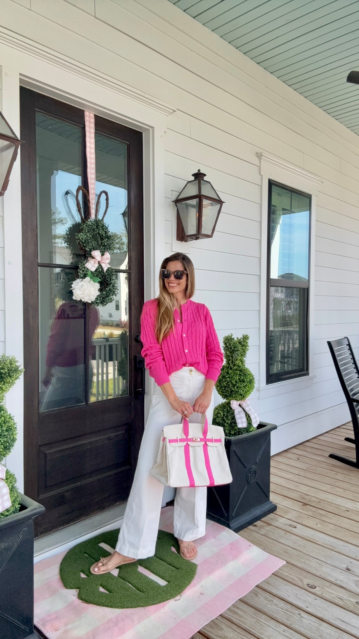 Pearls and Camo cotton cardigan sweater and canvas tote bag. Preppy Spring style 

#LTKootd #LTKOver40 #LTKSeasonal