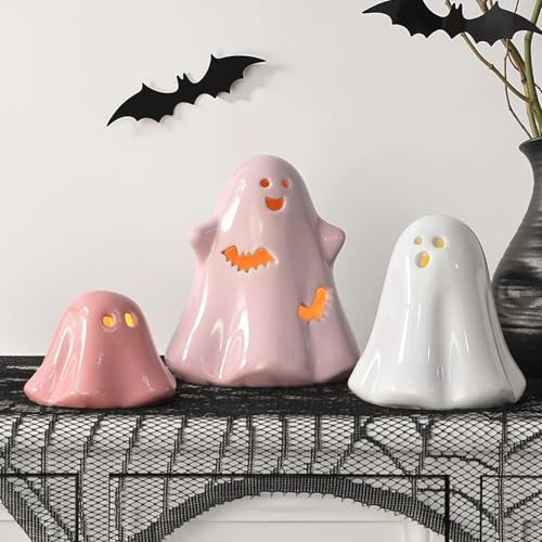 Halloween Ghost Decorations Indoor: Set of 3 Light Up Ceramic White Pink Halloween Ghost Decor, Cute Pastel Decor Figurines with LED Lights for Table Desk Mantel Office Girl Kids Home Party | Amazon (US)