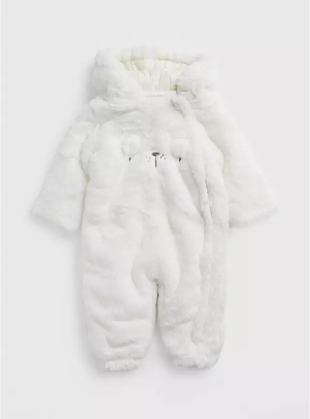 Buy Cream Faux Fur Bear Hooded Snowsuit Up to 3 mths | Coats and jackets | Tu | Tu Clothing