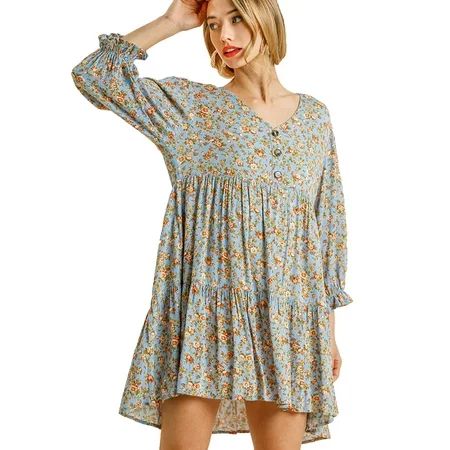 Sky Blue Floral Print V-Neck Button Front Tiered Dress with Ruffle Tie Sleeves | Walmart (US)
