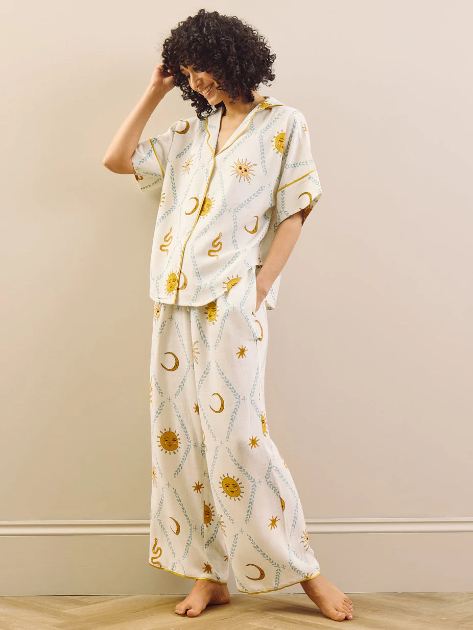 Womens Linen Blend Oversize Pyjamas Fresh White Starlit Daydreams | Their Nibs UK