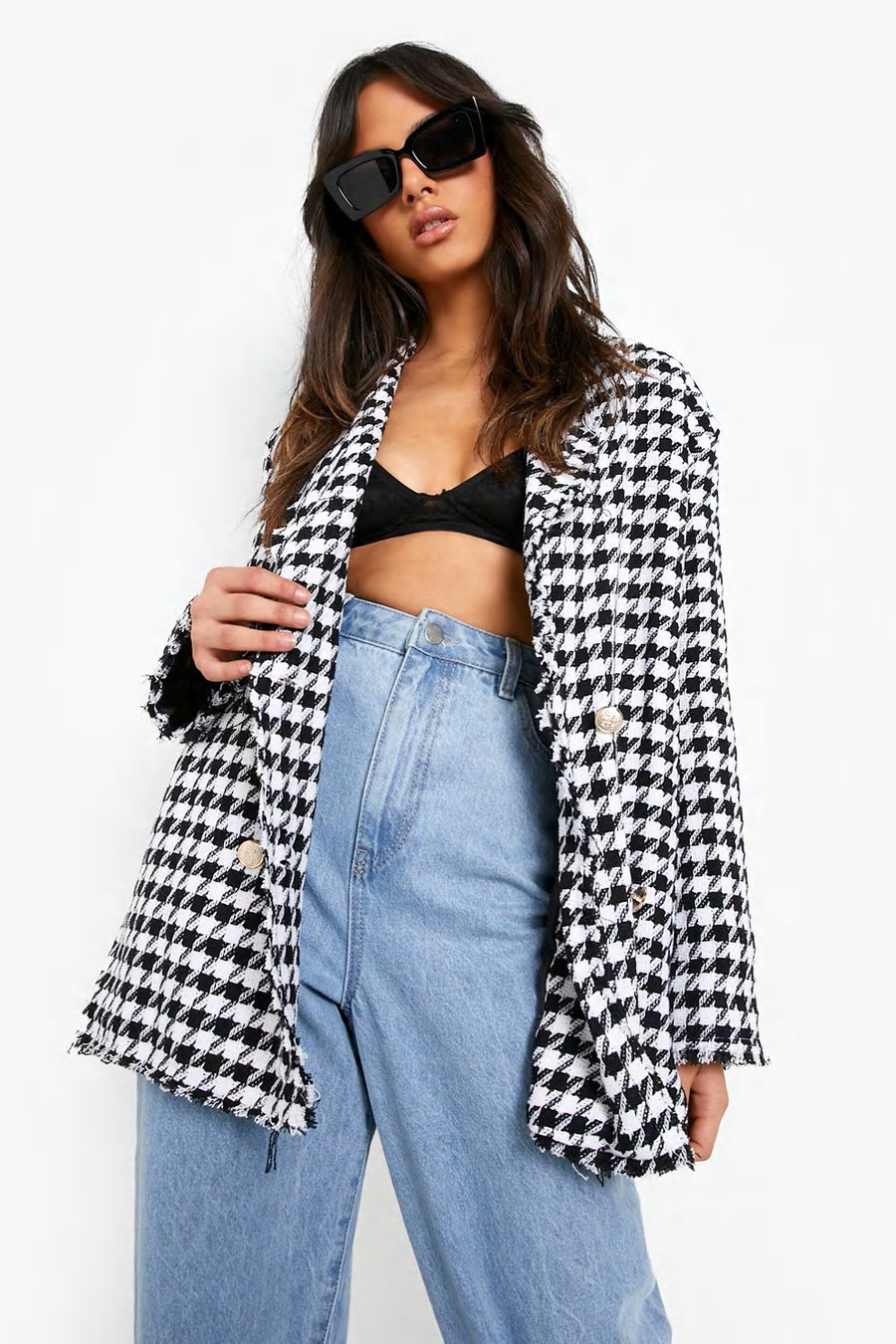 Dogtooth Woven Double Breasted Boxy Blazer | Boohoo.com (UK & IE)