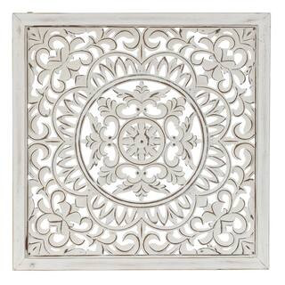 LuxenHome Distressed White Wood Floral Square Wall Applique Decor-WHA1444 - The Home Depot | The Home Depot