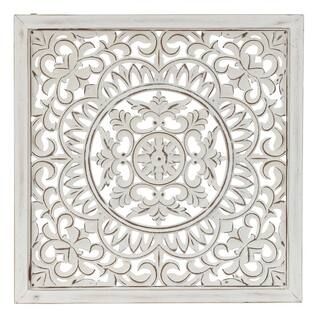 LuxenHome Distressed White Wood Floral Square Wall Applique Decor-WHA1444 - The Home Depot | The Home Depot