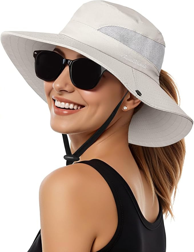 Womens Sun Hat - Sun Hats for Women with Ponytail Hole, Foldable Wide Brim Cooling Mesh Beach Fis... | Amazon (US)