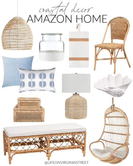 Some of my current home décor favorites from Amazon!  Items include a woven pendant light, a glass decorative vase, a white serving board, a woven dining chair, a blue linen pillow and a white and blue palm pillow. Additional items include cane and rattan display boxes, a large rattan table lamp, a seashell bowl, a rattan bench with an upholstered top and large rattan hanging chair.  

look for less home, designer inspired, beach house look, amazon haul, amazon accessories, amazon bedroom, amazon beach, amazon deals, amazon furniture, amazon home finds, amazon kitchen décor, amazon lamps, amazon office, amazon pillow covers, amazon throw pillows, amazon vases, serena and lily style, amazon must haves, home decor, Amazon finds, Amazon home decor, simple decor, living room decor, amazon chairs, neutral design, accent chair, coastal decorating, coastal design, coastal inspiration #ltkfamily  #ltksale 

#LTKfindsunder50 #LTKfindsunder100 #LTKSeasonal #LTKhome #LTKsalealert #LTKstyletip #LTKfindsunder100 #LTKsalealert #LTKfindsunder50