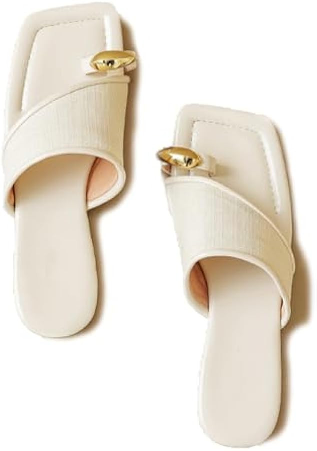 Lymphvity Women's Ring Toe Metal Flat Sandals Summer Slip-on Square Open Toe Non-Slip Beach Flats... | Amazon (US)